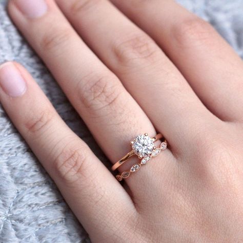 Solitaire Engagement Ring Settings, Rose Gold Ring Set, Dainty Engagement Rings, Half Eternity Band, Eternity Band Ring, Gold Ring Sets, Diamond Simulant, Art Deco Ring, Bridal Set