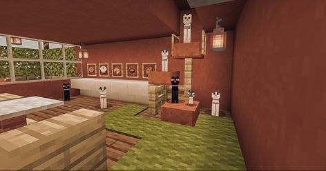 Cat Home Minecraft, Minecraft Cat Cafe Interior, Cat Cafe Minecraft, Cat Cafe Interior, Table Minecraft, Interior Minecraft, Minecraft Interior, Minecraft City, Minecraft Stuff