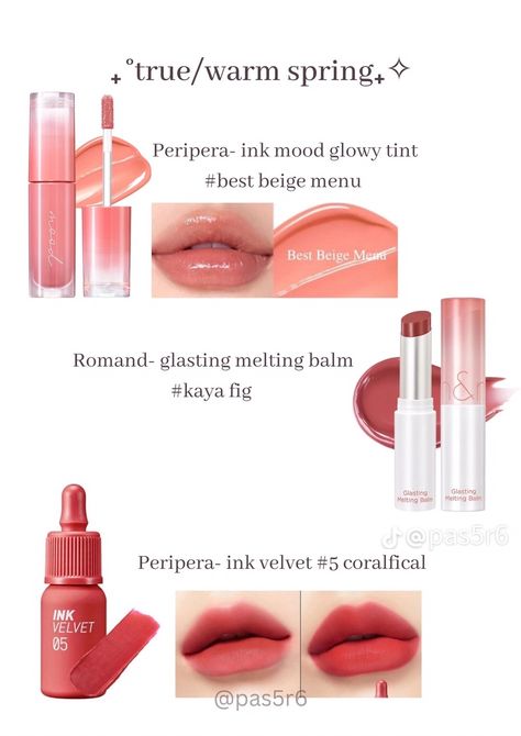 Warm Spring Lipstick Colors, Bright Spring Lipstick Palette, Barang Makeup, True Spring Lipstick, Light Spring Korean Makeup, Rom&nd Lip Tint Warm Tone, Korean Lipsticks Products Names, Bts Foto, Spring Lipstick