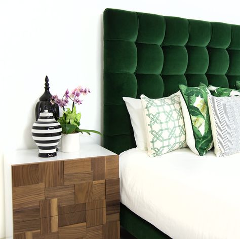 Crushing On: Velvet | Not JUST A Housewife | Bloglovin’ Emerald Green Bedrooms, Green Bedroom Design, Green Headboard, Tropical Bedrooms, Velvet Headboard, Decor Pillows, Bedroom Green, Modern Bed, Bedroom Colors