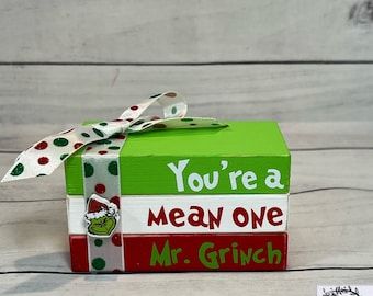 Christmas Mini Wood Book Stack/ Grinch/ Christmas Decor/ - Etsy Canada Christmas Wood Stack Books, Wooden Grinch Ideas, Grinch Jenga Ornaments, Grinch Stocking Ideas, Christmas Wood Books, Grinch Book Stack, How The Grinch Stole Christmas Tree, Diy Grinch Christmas Decorations Ideas, Homemade Grinch Decorations