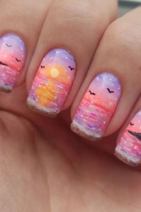 Welcome summer vibes with our beach sunset-inspired nails! Add a pop of color to your manicure with this stunning design. Perfect for a day at the beach or a night out. #summernails #beachsunset #manicureideas #naildesigns #nails Vacation Nail Designs, Beach Themed Nails, Vacation Nails Beach, Cruise Nails, Beach Nail Art, Palm Tree Nails, Sunset Nails, Beach Nail Designs, Beach Nail