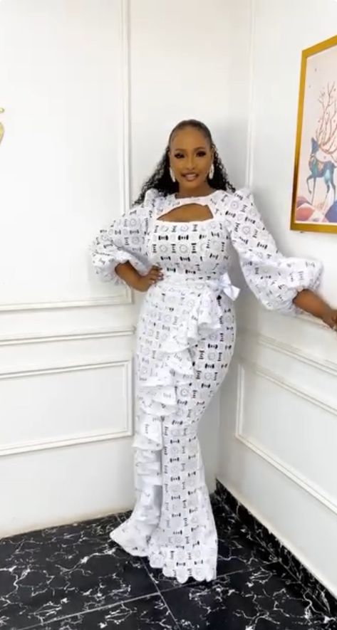 Lace Long Dresses, Classy White Dress, White Lace Dress Long, Lace Dress Classy, Long Dresses For Women, Nigerian Lace Styles Dress, Nigerian Lace Styles, Ruffle Bodycon Dress, Sleeve Ruffles