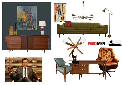 Putting together a style board for Mad Men-inspired Room: Don Draper's office Mid Century Office Design, Mad Men Furniture, Mid Century Modern Office Design, Mad Men Style Decor, Mad Men Interior Design, Record Corner, Men Office Decor, Mad Men Office, Brown Leather Office Chair