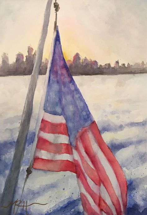 July Watercolor, Chicago Skyline Art, American Flag Art, Pretty Paintings, Boat Lake, Flag Painting, Vertical Images, Lake Art, Boat Painting