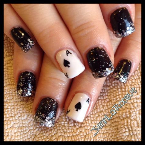 Black shellac, glitter nails #gel nails, ace of spades nail art Ace Of Spades Nail Art, Ace Spade Nails, Ace Of Spades Makeup, Ace Of Spades Nail Design, Spades Nails, Ace Of Spades Nails, Las Vegas Nails Ideas Glitter, Ace Nails, Las Vegas Nails Ideas