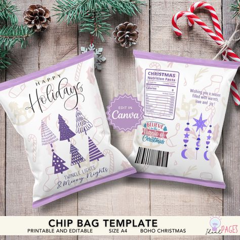 Christmas Chip Bags, Christmas Party Favors, Favor Bags, Goodie Bags, Kid's Loot Bags, Christmas Gifts, Christmas Wrapping, Boho Christmas Perfect for DIY Christmas party favors or gifts, this template allows you to create personalized Christmas-themed chip bags.  Simply download the template, customize it with your own messages, print and assemble for a fun and festive touch to your celebrations. YOU WILL GET THE FOLLOWING :  1 Chip bag template (A4) *You can request for US Letter Size DOWNLOAD Christmas Chip Bags, Christmas Favors Diy, Christmas Favor Bags, Printable Christmas Decorations, Chip Bag Template, Chic Christmas Decor, Christmas Treat Bags, Bag Template, Bohemian Christmas