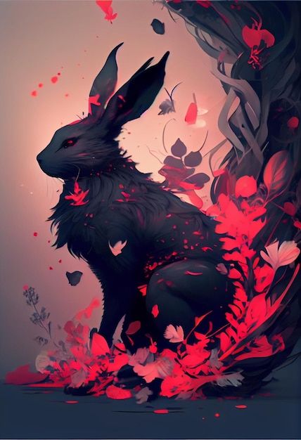 Black rabbit with red feathers and petal... | Premium Photo #Freepik #photo #retro-man #king-character #horseback-riding #horse-riding Black Rabbit Art, Fire Rabbit, King Character, Rabbit Ideas, Photo Retro, Rabbit Tattoo, Red Rabbit, Black Bunny, Rabbit Tattoos