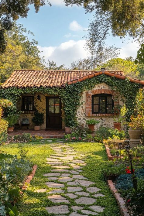 Living In A Cottage, Small Italian Cottage, House With Casita, Cottage House Backyard, Earthy Homes Exterior, Cottagecore Home Exterior, Idyllic House, Cottagecore House Exterior, Garden House Interior