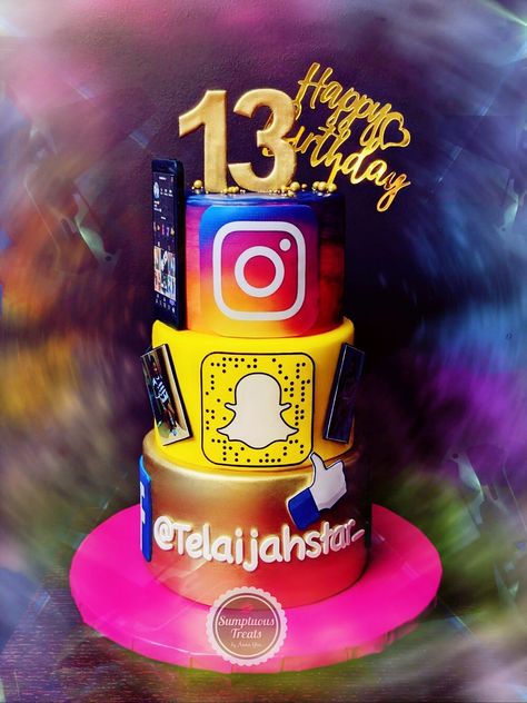 Social Media Theme Birthday Cake #socialmediacake #facebook #tiktok #iphonetopper #twitter #google #netflix #customcakes #fondantcakes #torontocakes #specialtycakes #teenagercakes #alledibleimages #gtacakes #socialmediathemedcake www.instagram.com/sumptuoustreats Netflix Theme Cake, Social Media Cake Ideas, Instagram Cake Design, Girls 13th Birthday Cake, Social Media Birthday Cake, Boys 13th Birthday Cake, Instagram Cake Ideas, Social Media Theme Cake, Birthday Cakes 13