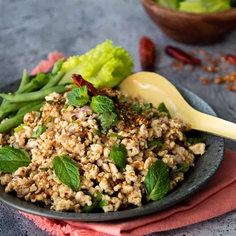 Larb Gai Thai Chicken, Laab Recipe, Chicken Laab, Hot Thai Kitchen, Larb Gai, Chicken Larb, Larb Recipe, Popular Thai Dishes, Grilled Steak Salad