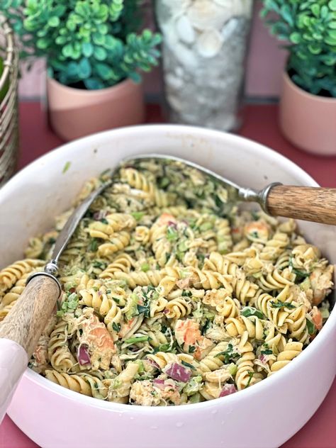 Crab & Shrimp Seafood Pasta Salad Shrimp Pasta Recipes Creamy, Seafood Pasta Salad, Seafood Pasta Salad Recipe, Rotini Pasta Salad, Crab Pasta Salad, Shrimp Pasta Salad, Crab And Shrimp, Seafood Salad Pasta, Crab Pasta