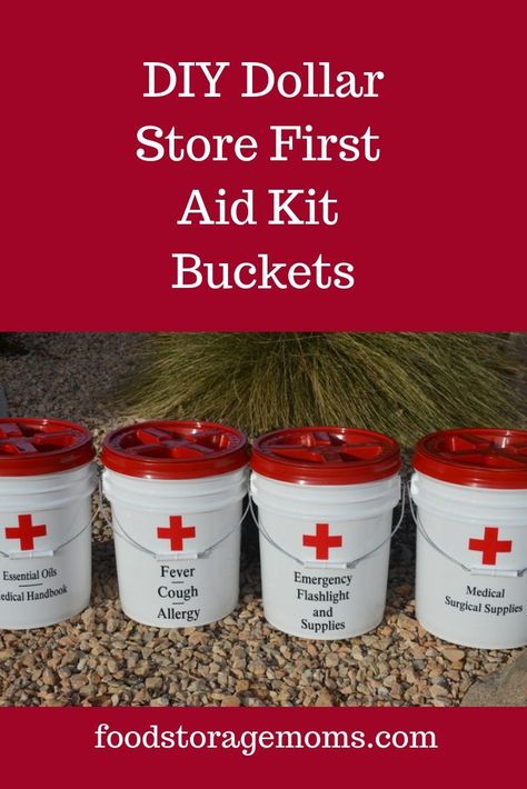 This is a fairly inexpensive way to get started with your emergency preparedness supplies. Start with some buckets and fill them when your budget allows. Dollar Tree Emergency Preparedness, Dollar Tree Emergency Kit, Emergency Preparedness Food, Emergency Essentials, Emergency Binder, Emergency Prepardness, First Aid Kits, Emergency Survival Kit, Emergency Preparedness Kit