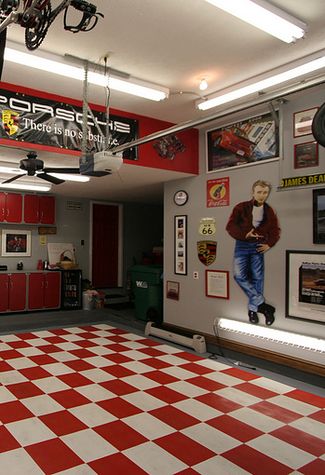 this would be a retro garage because of all the items in this room that look like they are from a different time.  It also is very fun and colorful Bedroom Shelving, Renovation Bedroom, Retro Garage, Man Garage, Garage Floor Tiles, Cool Garages, Garage Style, Modern Garage, Floor Tile Design