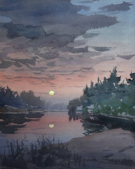 Park Watercolor Painting, Full Moon Rising, Lake Oswego, Cloud Art, Moon Rise, Watercolor Artist, Daily Art, Full Moon, Moon