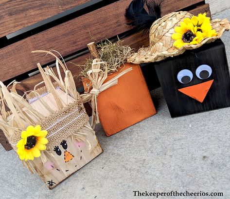 fall-wood-blocks-2 Fall Pumpkin Wood Blocks, Square Wood Block Crafts, Fall Wooden Blocks, Fall Wood Blocks Diy, Scarecrow Wood Blocks, Fall Wood Block Crafts, Fall Wood Block Ideas, Scrap Wood Pumpkins, 2x4 Fall Wood Crafts