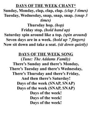 Wednesday Snap, Preschool Calendar Time, Days Of The Week Song, Days Of The Week Activities, Calendar Songs, Preschool Calendar, Rhyming Poems, Circle Time Songs, First Day Of Preschool