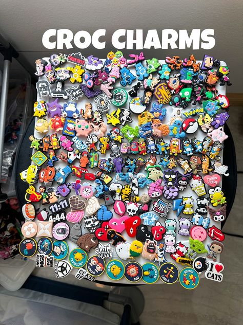 Croc charms for shoes In your order message me the charms you would like. Price depends on quantity No brand. High quality. Great price. Croc Charm Display, Croc Gibits, Croc Gibbets, Jibbitz Crocs Charms, Tips For 6th Grade, Croc Pins, Charms For Shoes, Crocs Aesthetic, Crocs Charms