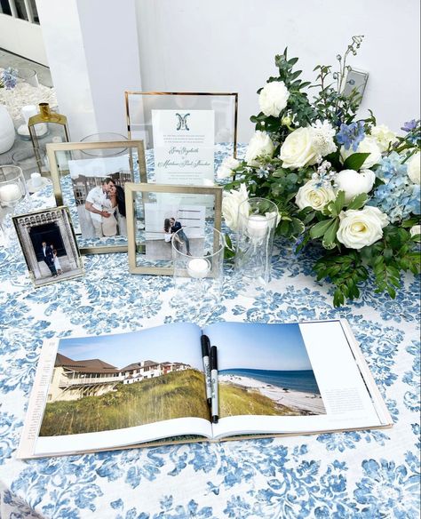 Blue And White Classic Wedding, Farmhouse Table With Tablecloth, Formal Coastal Wedding, Grandmellinial Wedding, White Wedding With Hints Of Blue, French Country Blue Wedding, Coastal Wedding Ideas Decor, Wedding Flowers Circle Table, Simple Coastal Wedding