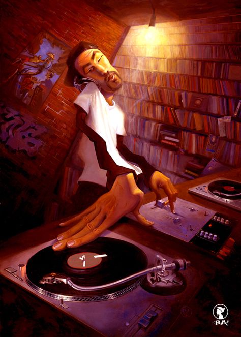 One of my favorite Justin Bua pieces. The DJ by BUA - Original not for Sale - #ART #MUSIC #DJ Arte Jazz, Grafika Vintage, Dj Art, Arte Hip Hop, Urbane Kunst, Jazz Art, Black Art Painting, Afrocentric Art, Hip Hop Art