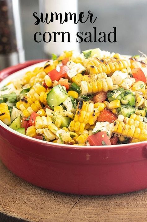 Super fresh summer corn salad made with corn, straight off the cob, and tossed with fresh veggies, feta cheese, and a homemade dressing.  Everyone loves this quick and easy salad! Great as a potluck salad or a bbq salad too! #cookswithcocktails #cornsalad #roastedcorn #bbqsalad #potlucksalad via @CookswCocktails Corn Salad With Feta, Roasted Corn Salad, Bbq Salad, Potluck Salad, Fresh Corn Salad, Bbq Salads, Corn Salad Recipes, Feta Recipes, Asparagus Pasta