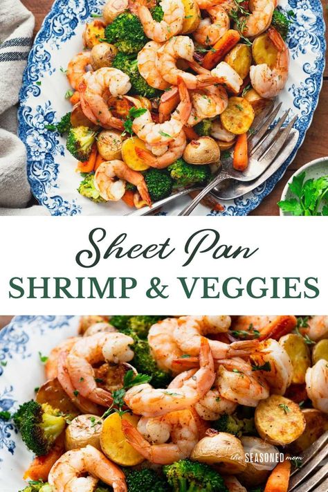 This sheet pan shrimp with vegetables is an entire dinner that bakes on one tray! With seasoned shrimp, crispy potatoes, and roasted broccoli and carrots, the easy meal is ready for the oven in just 10 minutes. Shrimp Tray Bake, Shrimp Sheet Pan Recipes, Sheet Pan Shrimp And Veggies, Zucchini Squash Bake, Shrimp With Vegetables, Roasted Broccoli And Carrots, Broccoli And Carrots, Seasoned Shrimp, Carrot Dishes