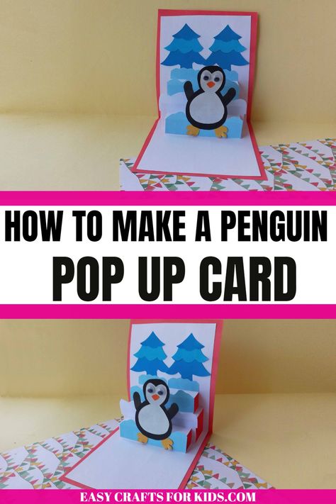 OMG!! I'm totally obsessed over this penguin pop up card for kids. This easy craft for kids is one of the most loved pop up card for kids they want to recreate with you this winter. Easy Pop Up Cards For Kids, Penguin Pop Up Card, Artic Crafts, Pop Up Cards For Kids, Easy Craft For Kids, Pop Up Card Templates, Holiday Pops, Diy Watercolor, Color Crafts