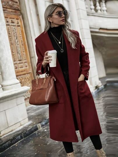 Double Breasted Lapel Collar Overcoat | SHEIN USA Maroon Coat Outfit, Maroon Coat, Long Coat Outfit, Maroon Outfit, Winter Coat Outfits, Winter Fashion Coats, Coat Outfit, Women Overcoat, Women Shawl