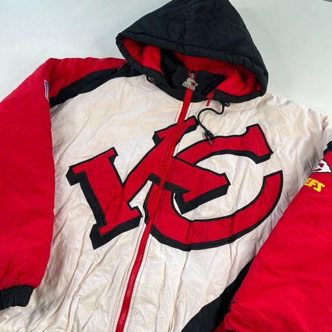 "90s Kansas City Chiefs Starter Jacket  - Size Large  - Measures 28\" long and 27\" across  - Made in Korea - 100% Polyester  - Overall Great Worn Condition  - Message me for more information Follow our page for more vintage clothing and  other unique items as they become available. Connect with us on Instagram: @4th_quarter_vintage" Chiefs Jacket, Nfl Wives, Starter Jacket, Soft Girl Outfits, Color Block Jacket, Superbowl Party, Football Outfits, Gameday Outfit, Kansas City Chiefs