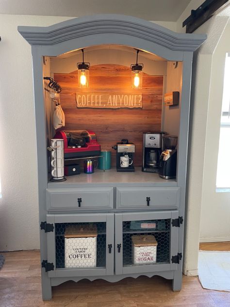 Coffee Bar Ideas From Old Furniture, Coffee Bar In Armoire, Armoire Coffee Bar Farmhouse, Coffee Bar Ideas From Armoire, Armoire To Coffee Bar, Armoire Makeover Coffee Bar, Coffee Armoire Ideas, Armoire Coffee Bar Ideas, Redo Armoire Diy Ideas