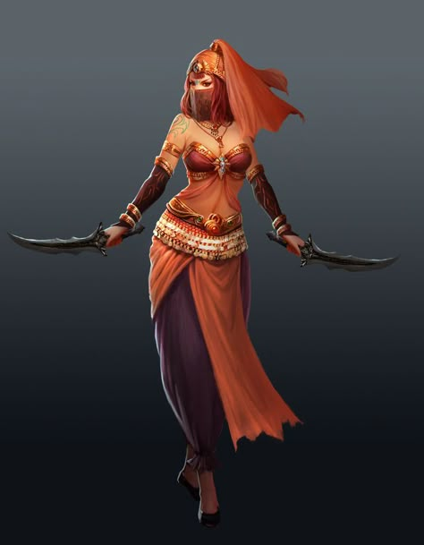 Arabian Assassin, Dancer Character Design, Rogue Assassin, Sneak Attack, Arabian Women, Heroic Fantasy, Female Character Concept, Concept Art Character, Arabian Nights