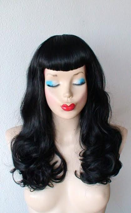 Bettie Page hairstyle inspired wig. U bangs wig. Pin by kekeshop Pin Up Bangs, Betty Bangs, Black Hair Wigs, Wig Black, Bangs Wig, Mens Wigs, Short Bangs, Pin Up Hair, Black Makeup