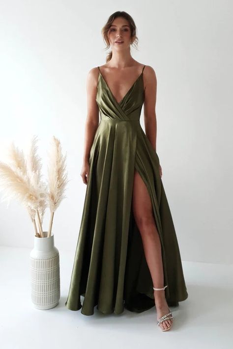 Velia Satin Maxi Gown | Dark Olive Olive Green Bridesmaid Dresses, Oh Hello Clothing, Pink And Green Dress, Maid Of Honour Dresses, Olive Dress, Red Carpet Gowns, Olive Green Dresses, Maxi Gown, Green Bridesmaid Dresses