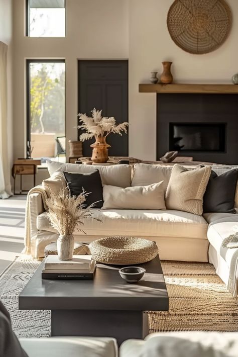 The Best Black and Beige Living Room Ideas – 2024 - Feel Your Home Beige White And Black Living Room, Beige Black Living Room, House Esthetics, Beige Black Interior, Beige And Black Living Room, Beige Couch Living Room, Beige Living Room Ideas, Sectional Sofa Beige, Basement Finish