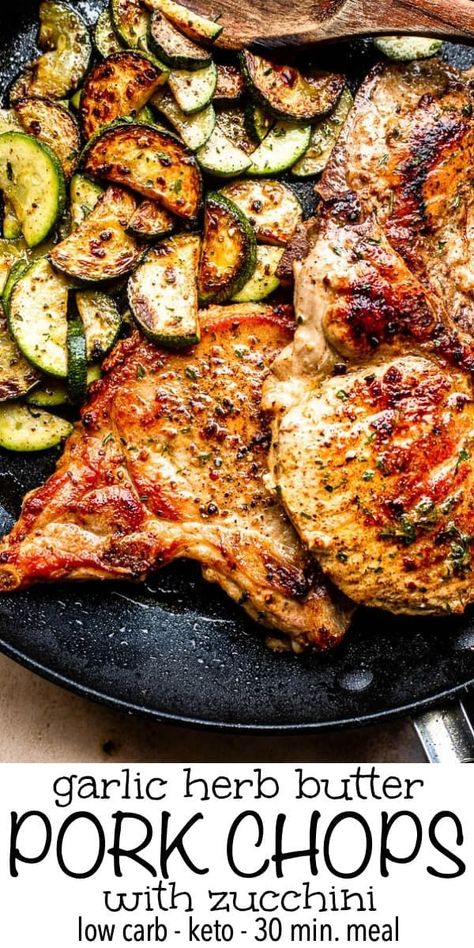 Topped with a creamy garlic butter sauce, these Fried Pork Chops with Zucchini are a tender and delicious low carb dinner recipe. These easy and healthy pork chops are going to become a family favorite weeknight meal!  #friedporkchops #porkchopsrecipe Healthy Dinner Pork Chops, Pork Recipes For Dinner Healthy, Pork Chop Dinner For 2, Pork Chop Dinner Recipes For Family, Clean Pork Chop Recipes Healthy, Low Carb Meals Easy Dinners Pork, Pork Chops Asparagus, Healthy Recipes Pork Chops, Low Carb Meals Pork Chops