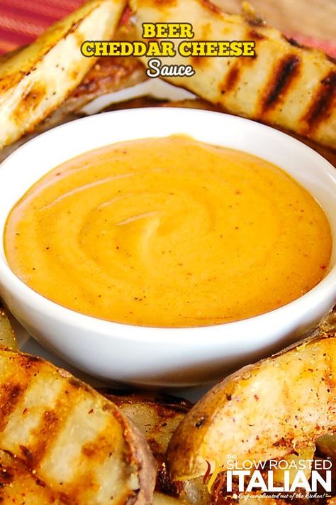 Beer Cheese Queso Sauce - The Slow Roasted Italian Beer Cheese Sauce, Slow Roasted Italian, Homemade Fries, Cheddar Cheese Sauce, The Slow Roasted Italian, Dipping Sauces Recipes, Queso Cheese, Dipping Sauces, Beer Cheese