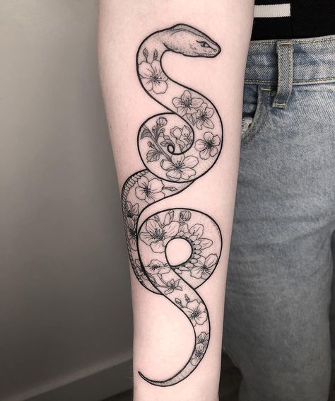 Regina "Push" Estrada on Instagram: “Cherry blossom snuggle noodle. Swipe left to see a close up of the belly 🐍 Thanks Candy!” Snake And Cherry Blossom Tattoo, Asclepius Tattoo, Tattoo October, Vietnam Tattoo, Floral Snake, Book Reference, Snake Tattoo Design, Cherry Blossom Tattoo, Blossom Tattoo