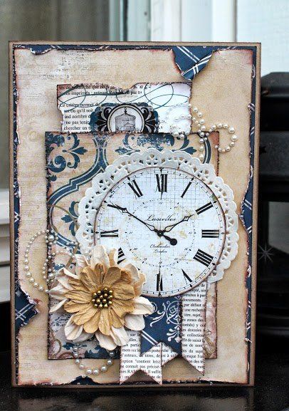 Vintage Look Handmade Cards, Birthday Card Collage Ideas, Vintage Homemade Cards, Vintage Card Ideas, Shabby Chic Cards Handmade, Steampunk Cards, Vintage Cards Handmade, Clock Card, Mixed Media Cards