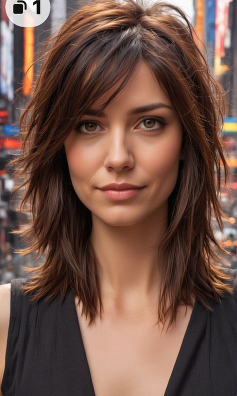 Haïr Style Medium Hair 2023, Shoulder Length Hair Layered With Bangs, Idea For Haircut, Womens Hairstyles For Thick Hair, Angled Bangstyle Hair Medium, Choppy Layers For Medium Length Hair, Choppy Layered Long Hair, Fringe Shag Hair, Shoulder Length Hair With Lots Of Layers