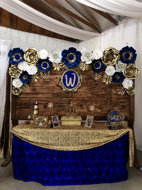 Royal Blue Dessert Table, Blue And Gold Quinceanera Theme, Outdoor Canopy Decorating Ideas, Gold Quinceanera Theme, Grammys Party, Blue Table Decorations, Gold Dessert Table, Royal Blue Quince, Gold Table Decor