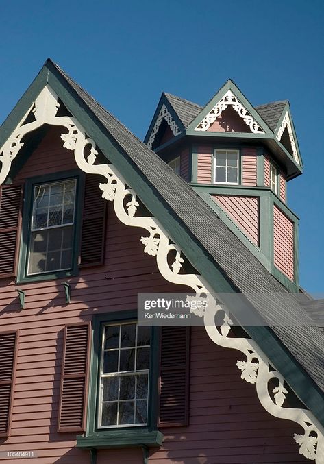 Carpenter Gothic Roofline High-Res ... Victorian Moulding, Cabin Color Palette, Gothic Revival Cottage, Barge Boards, Home Exterior Colors Schemes, Beautiful Houses Exterior, Gothic Revival House, Carpenter Gothic, Gothic Cottage