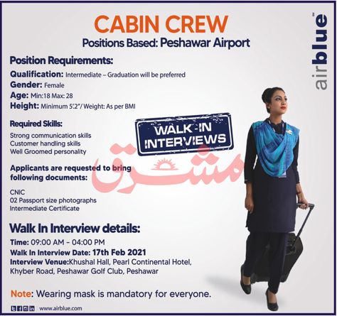 Latest New Careers opportunity has announced Airblue for Cabin Crew Jobs 2021 in Peshawar through walk in Interview. Those energetic, smart and self motivated candidates are looking to join pakistani top airline in private sector then here is excellent career chance to get start as cabin crew (flight attendant) in air blue airline. The jobs […] The post Cabin Crew Jobs 2021 in Airblue Airline (Walk in Interviews) appeared first on Rozgar Ki Dunya. Self Motivated, Cabin Crew Jobs, Job Advertisement, Jobs In Pakistan, Job Board, Cabin Crew, Private Sector, New Career, Career Opportunities