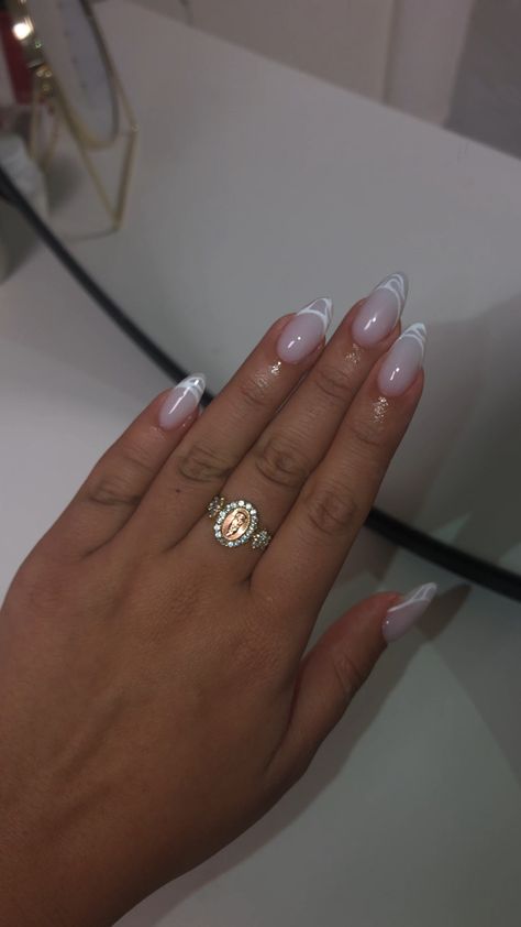 Milky White And Green Nails Acrylic, Milky Almond Nails Designs, Almond Nails Designs Milky White, White Acrylic Nails With Design Almond, Milky White Nails With White Design, Milky White Nails With Design French, Milky White With Design, Milky Nail Designs, Almond Milky White Nails