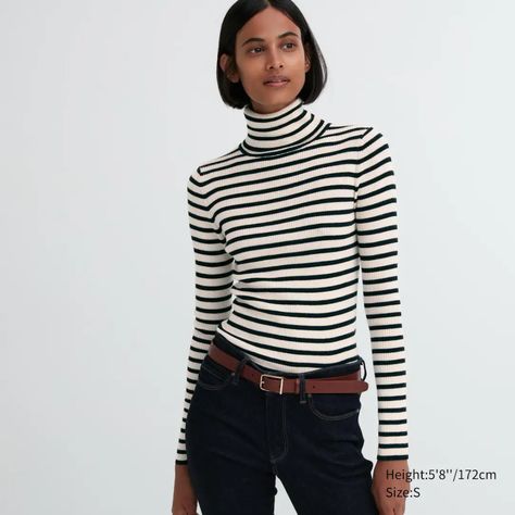 Striped Turtleneck Outfit, Uniqlo Turtleneck, Turtleneck Outfit, Turtleneck Jumper, Crew Neck Cardigan, Ribbed Turtleneck Sweater, Turtle Neck Jumper, Short Cardigan, Mode Casual