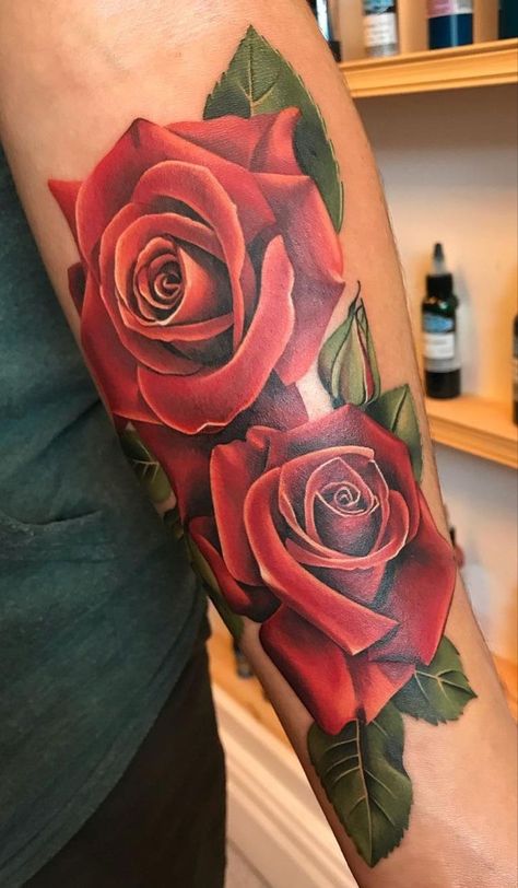 Rose Tattoo Design On Arm, Rose Tattoo Men Color, Color Realism Rose Tattoo, Red Rose Tattoo Men, Red Roses Tattoo Design, Flower Rose Tattoo, Red Roses Tattoo, Rose Vine Tattoos, Realistic Rose Tattoo