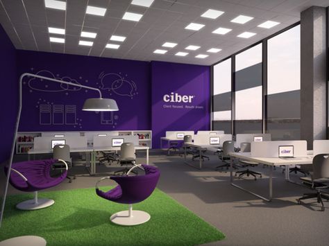 ciber office design by Julia Kunikowska, via Behance Marketing Office Design, Purple Office Ideas, Break Room Design, Office Design Inspo, Office Wall Graphics, Futuristic Interior Design, Creative Office Design, Office Space Inspiration, Purple Office