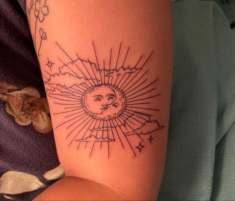 Fine line sun and moon with rays around it & clouds and stars Sun And Moon Tattoo Above Elbow, The Sun Moon And Stars Tattoo, Like The Stars Miss The Sun Tattoo, Cloudy Sun Tattoo, Sun And Moon Collarbone Tattoo, Sun Moon Cloud Tattoo, Sun Clouds Tattoo, Sun With Clouds Tattoo, Sun Cloud Tattoo