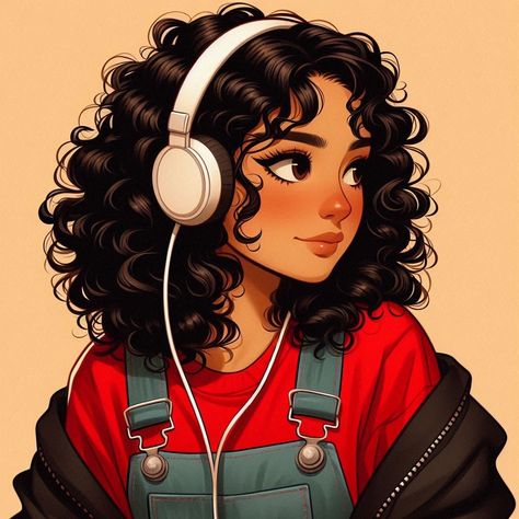 Curly Bun Drawing, Digital Art Curly Hair, Curly Hair Girl Cartoon, Girl With Curly Hair Drawing, Wavy Hair Cartoon, Curly Hair Anime Pfp, Cartoon Curly Hair, Pfp Curly Hair, Curly Hair Pfp