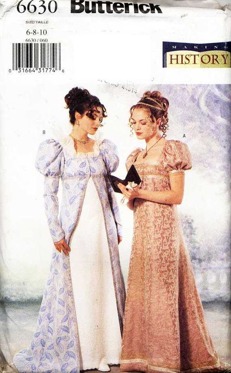 Butterick 6630 Making History Costume  Coat, Dresses Size: 6-8-10  Uncut https://goo.gl/xJAay7 Jane Austen Costume, Empire Gown, Regency Gown, 18th Century Costume, Regency Dress, Costume Sewing Patterns, Dress History, Gown Pattern, Petite Coat