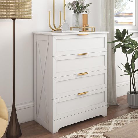 White 4 Drawer Dresser for Bedroom, Tall Bedroom Dresser with Large Drawer & Golden Handles, Wooden Storage Organizer Cabinet Chest of Drawer for Closet, Living Room, Hallway, Children's Room Dresser White Tall, End Of Bed Dresser, Tall Bedroom Dresser, Tall Dresser Decor, Tall Bedroom, Bedroom Organizer, Closet Living Room, Bedroom Elegant, Dresser Base